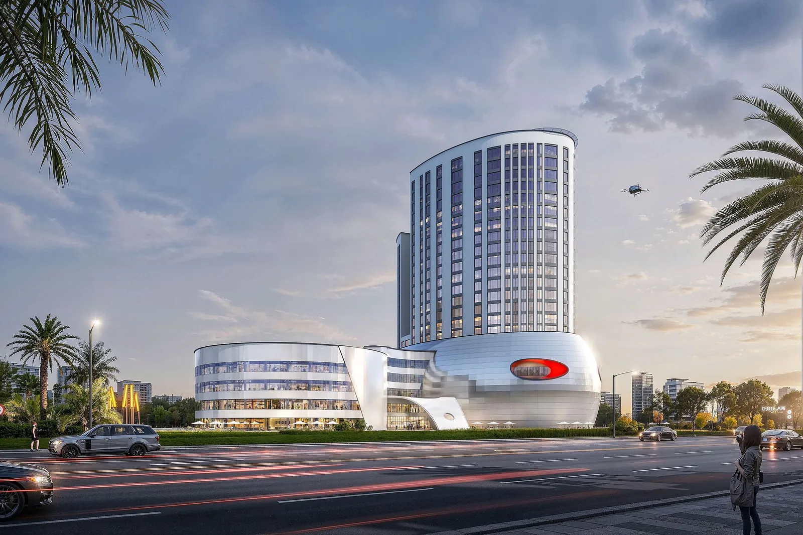 Artist&rsquo;s impression of Tri-Tower Abuja: a 22-floor tower rising from a silver podium beside a main road in the Central Business District